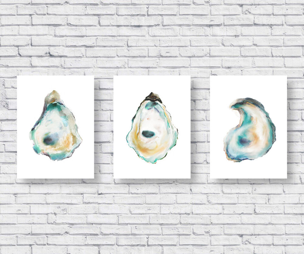 Oyster Watercolor Painting Prints, Set of 3 Art Triptych Beach Coastal Decor