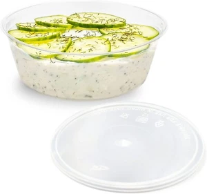 Contenedores redondos de alimentos bañeras de plástico transparente con tapas Deli dip 8/10/12/16 oz - Imagen 1 de 7