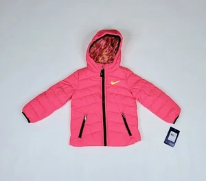 Nike Girls Printed Puffer Hooded Jacket Size 4 Warm & Cozy Hyper Pink - Picture 1 of 11