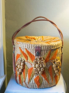 Adorable Retro Basket, Orange Yellow Yarn Starburst & Grapes, Leather Handles - Picture 1 of 6