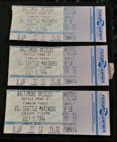 (3) Baltimore Orioles Seattle Mariners July 5 1994 Ticket Stubs Cal Ripken Jr 2H Cover