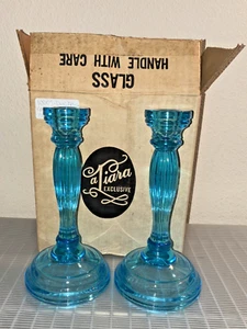 Vintage Indiana Glass Co Tiara Exclusives Duchess Aqua Blue Candlesticks Set 2 - Picture 1 of 3