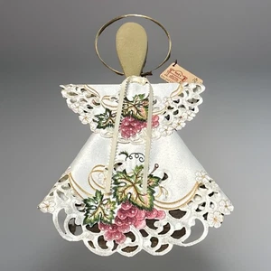 Embroidered Wall Hanging Angel Floral Grapes Gold Spoon Hoop Farmhouse 14.5”x9” - Picture 1 of 12
