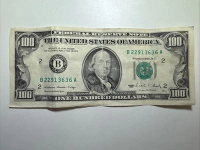 1988 Series $100 Dollar Bill Banknote Old Design Federal Reserve Note Prefix B - Image 1 of 2