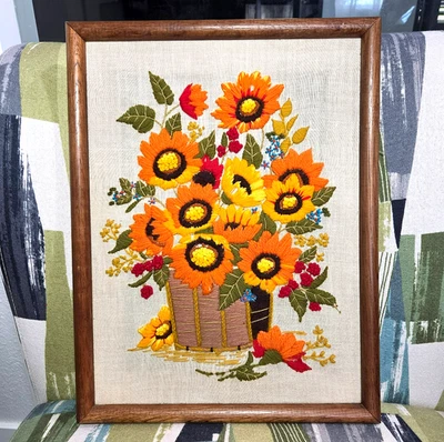 De colección Hilo Crewel Arte Girasol Otoño Ramo Boho Enmarcado Casa Núcleo Colgante de Pared Foto 1 de 4