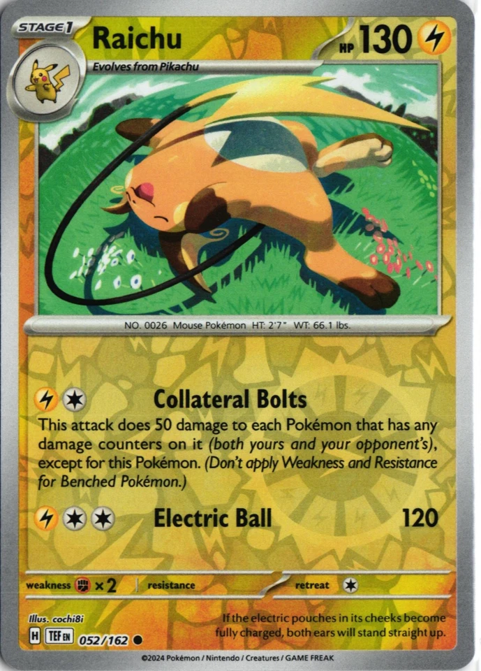 Raichu Reverse Holo Common Pokemon Card SV05: Temporal Forces TEF EN 052/162 NM - Image 1 of 1