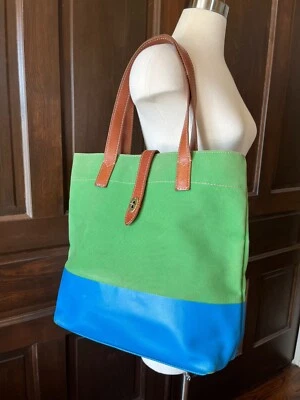 Fossil Austin Tote Bright Green/Blue Colorblock Leather Double Handles Large - Image 1 of 4