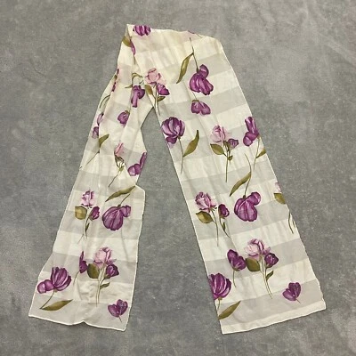 "Bufanda de seda vintage coral púrpura floral 8""x 58"" enrollada a mano" Foto 1 de 4