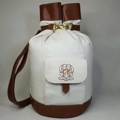 Calvin Klein Canvas & Leather Bucket Sling Bag Ivory/Brown Embroidered Rare - Image 1 of 4