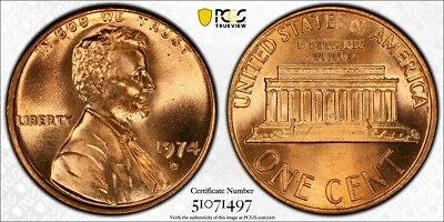 PCGS MS67 RD 1974-D Lincoln Memorial Cent Red - Image 1 of 3