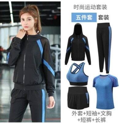 4-5 Pcs Yoga Women Set Sweater Jacket Sport Bra Workout Legging Pants Gym Shorts - Image 1 of 4