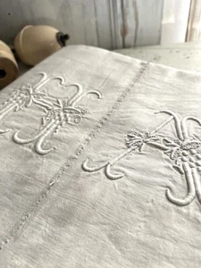Antique French TROUSSEAU GREYISH LINEN FIL sheet HA mono CENTRAL SEAM c1850 - Picture 1 of 24