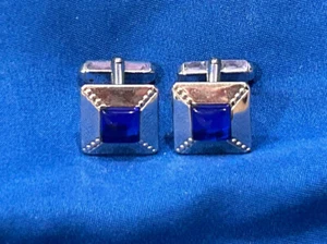 10k White Gold Plated Vintage Cufflinks With Blue Stone - Picture 1 of 4