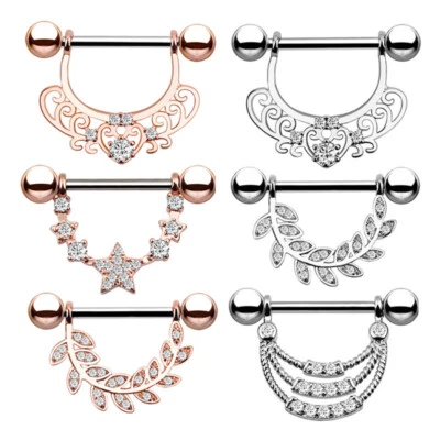 2pcs 14g Rose Gold Silver Nipple Shield Ring Bar Steel Zircon Piercing Jewellery - Imagem 1 de 4