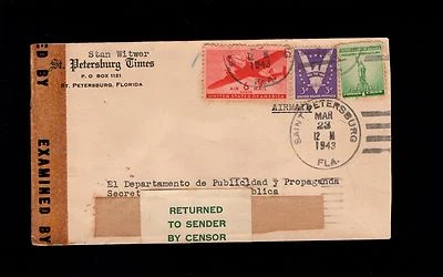 WWII Newspaper St Petersburg Times Air Censor Label Returned To Sender Cover 8r - Image 1 of 2