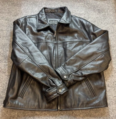 Guess Leather Jacket Men's XLarge Black Quilt Lined Full Zip JAcket  - Image 1 of 4