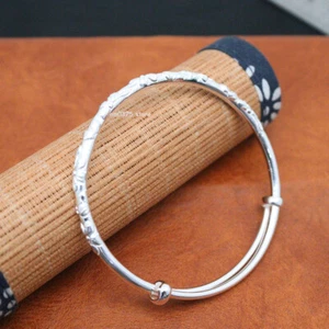 Brazalete de plata fina pura 999 para mujer 3D flor redonda 4 mm ancho 2,36 pulgadas - Imagen 1 de 6