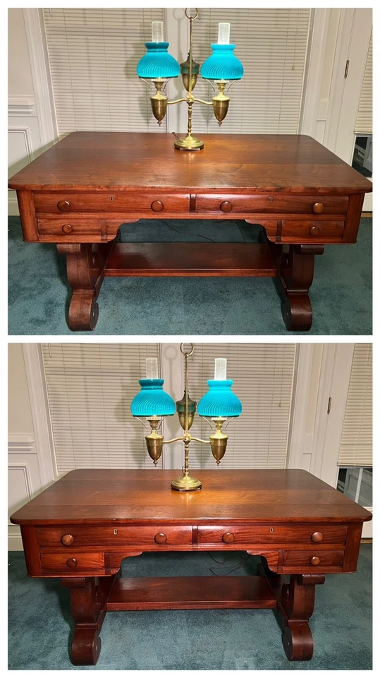 Mesa de biblioteca de escritorio antigua de caoba del Imperio Americano de 1900 para socios ejecutivos Foto 1 de 4