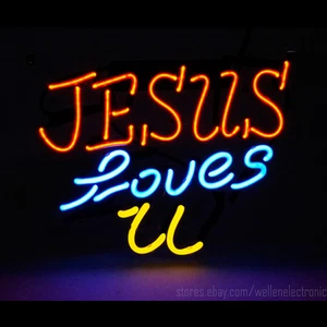 14"x9"JESUS LOVES U Neon Sign Light Home Room Wall Decor Handmade Real Glass Art - Picture 1 of 3
