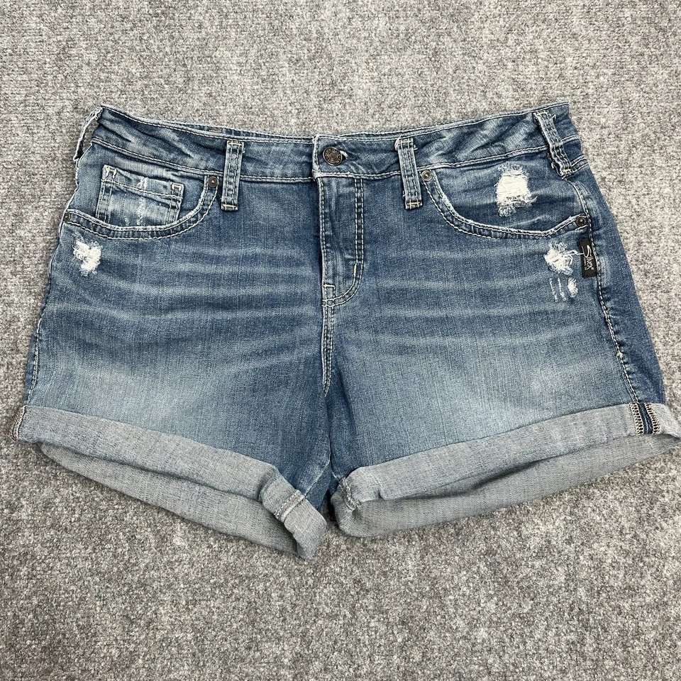 Pantalones cortos de mezclilla plateados Boyfriend para mujer 33 tiro alto 4,5 pulgadas entrepierna con puños Foto 1 de 4