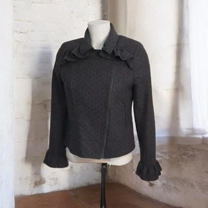 Helene Berman Anthropologie Wool Ruffle Biker Jacket Grey Star Print 10 NWT New - Picture 1 of 13