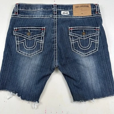 True Religion Jean Shorts Womens 32 Blue Jorts Flap Pockets Stretch Cut Offs USA - Image 1 of 4