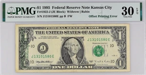 1995 $1 Dollar FRN Kansas City 1922-J - Offset Printing Error - PMG 30 EPQ - Picture 1 of 4