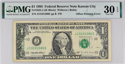 1995 $1 Dollar FRN Kansas City 1922-J - Offset Printing Error - PMG 30 EPQ - Image 1 of 4