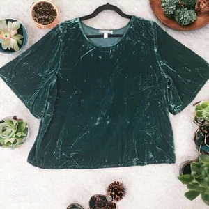 Chelsea 28 Womens Size Large Green Velvet Flutter Sleeve Shirt Top Pullover - Picture 1 of 16