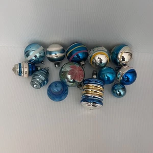 13 Vintage Glass Ornaments Blue and Silver Christmas Balls Mercury Glass style - Picture 1 of 6