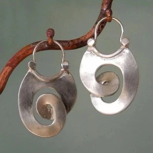 Vintage Style Twisted Hoop Drop Earrings Bohemian Ethnic Tribal Silver Tone - Picture 1 of 1
