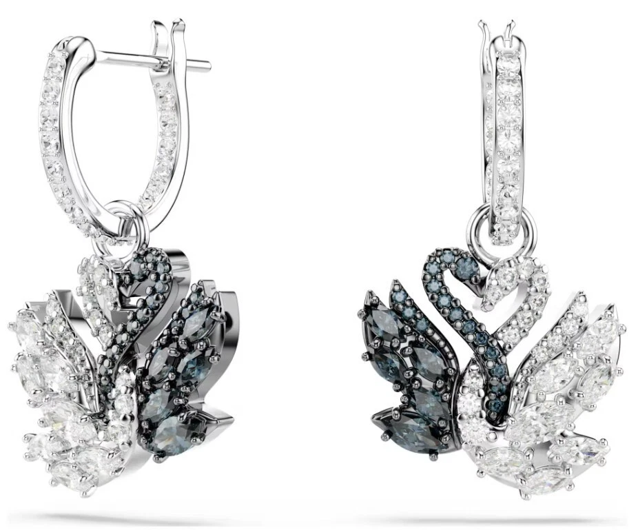 NWB Swarovski Swan drop earrings Swan Black Mixed metal finish-5705728