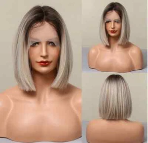 Kurze blonde Lace Frontal Kunstfaserperücke Simulation Echthaarperücke für Frauen - Bild 1 von 16