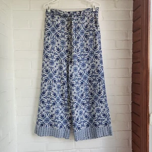 Joie Wide Leg Cropped Linen Blend Pant Boho Blue Pockets Print Tie Front Size 8 - Picture 1 of 7