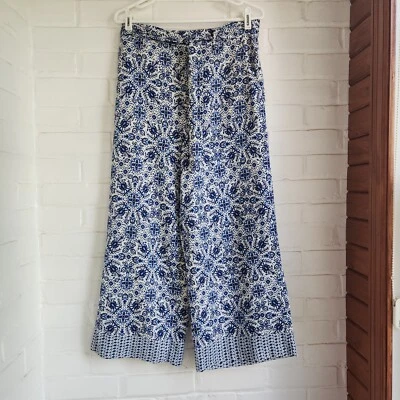 Pantalón Joie Pierna Ancha Recortado Mezcla Lino Boho Azul Bolsillos Estampado Corbata Frontal Talla 8 Foto 1 de 4