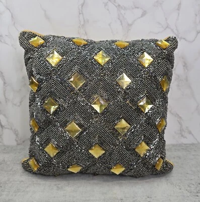 De colección Sin Marca 12" Oro Tiro Completamente Cuentas Cuadrado Almohada Frontal Plata Amarillo Foto 1 de 4