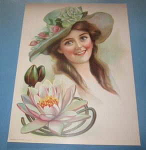 Old Vintage 1906 - Antique VICTORIAN PRINT - Lady - WATER LILY - FLOWER - Picture 1 of 1