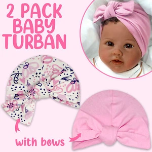 Baby Girls Turban 2 Pack Set Hat Bow Newborn Infant Cotton Rich Size 0-6 Months - Picture 1 of 6