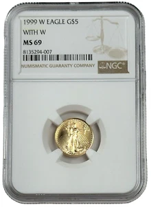 1999 With W $5 Gold American Eagle 1/10 Oz Unfinished Proof Die Coin NGC MS 69 - Picture 1 of 2