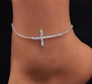 Anklet 1.30Ct Created Diamonds Cross Women's Wedding Gift 14K White Gold Finish - Picture 1 of 2
