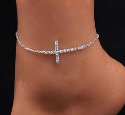 Anklet 1.30Ct Created Diamonds Cross Women's Wedding Gift 14K White Gold Finish - Image 1 of 2