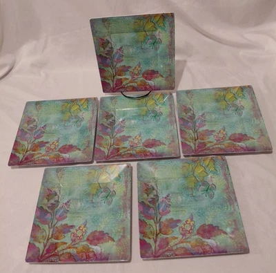 Set Of 6 Merritt Garden Floral Square Melamine Luncheon Salad Dessert Plates - Image 1 of 4