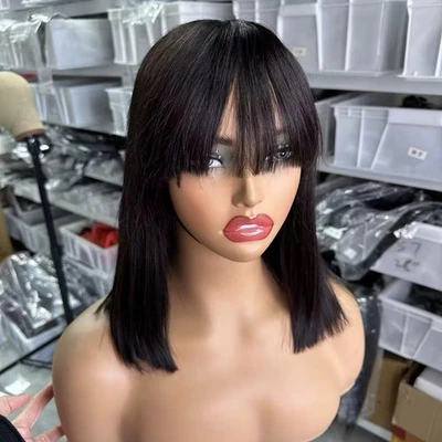12 Inches Bob Wig With Bang 3x1 Closure Real Human Hair Lace Wig - Image 1 of 2