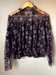 Calligraphie Blouse XL Floral Semi Sheer Ruffle Smocked Whimsy Goth Boho - Picture 1 of 7