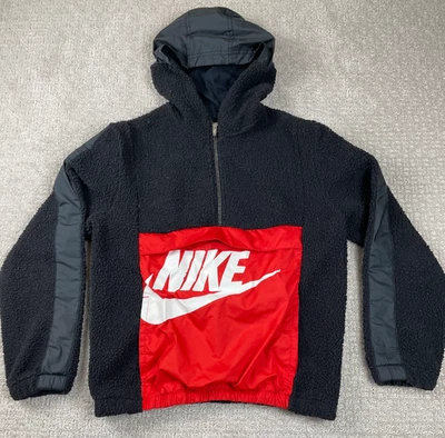 Nike Hoodie Boys Large Deep Pile Fleece Black Red Kangaroo Pouch Pullover Hiking - Image 1 of 4