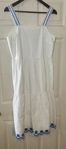 J Crew Embroidered Hem Straps Tiered Sleeveless Dress Scalloped Hem Blue White 8 - Picture 1 of 6