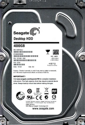 ST4000DM000 P/N: 1F2168-568 F/W: CC54 S/N: S301 SU 4TB SEP 2014 CHINA SEAGATE - Image 1 of 2