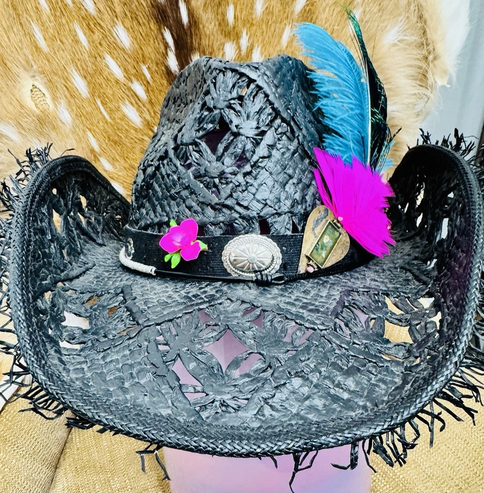 Western Express S/M черная соломенная ковбойская шляпа украшена, перья, сделано в Мексике - Изображение 1 из 4