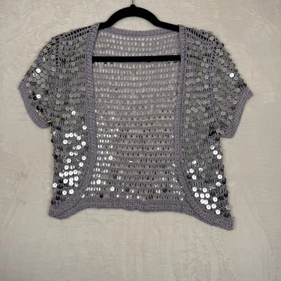 Vintage Y2K Silver Sequin Crochet Shrug Bolero Cropped Cardigan Short Sleeve - Image 1 of 4