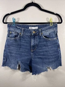 ZARA Shorts Denim Women's 4 Fringe Frayed Distressed High Waisted - Picture 1 of 6